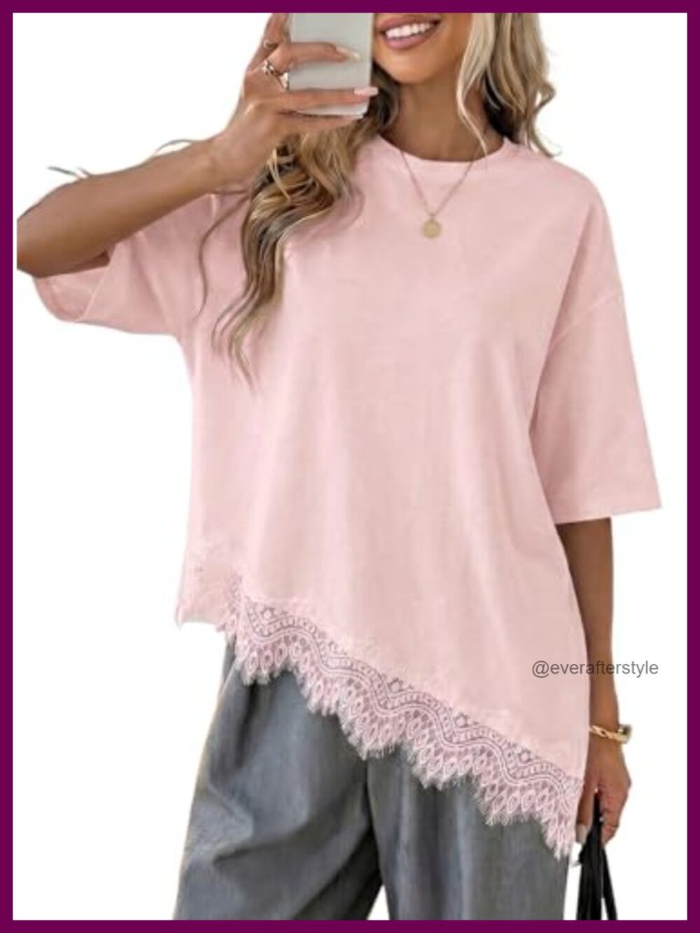 Women's Casual Crew Neck Half Sleeve Top Asymmetrical Lace Hem Loose Fit T-Shirt